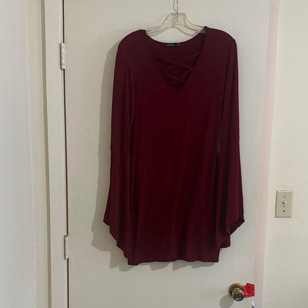 Boohoo Burgundy Bell Sleeve Mini Dress